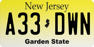 NJ license plate A33DWN