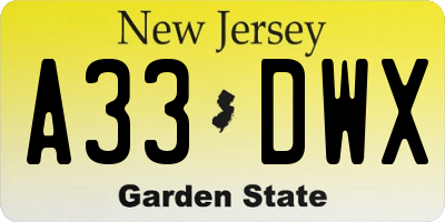 NJ license plate A33DWX
