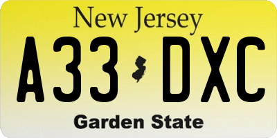 NJ license plate A33DXC
