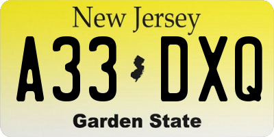 NJ license plate A33DXQ