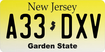 NJ license plate A33DXV