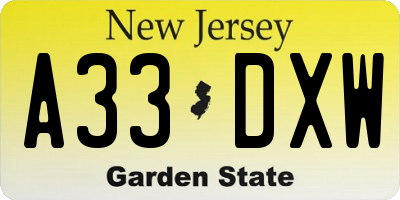 NJ license plate A33DXW