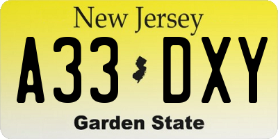 NJ license plate A33DXY