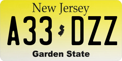 NJ license plate A33DZZ