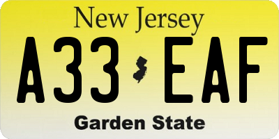 NJ license plate A33EAF