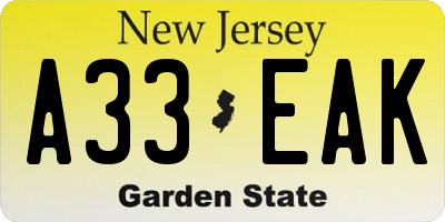 NJ license plate A33EAK