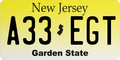 NJ license plate A33EGT