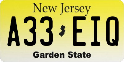 NJ license plate A33EIQ