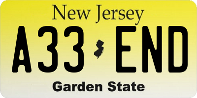 NJ license plate A33END