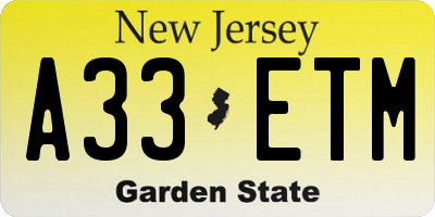 NJ license plate A33ETM