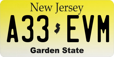 NJ license plate A33EVM