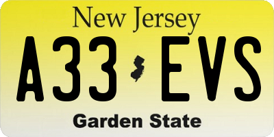 NJ license plate A33EVS