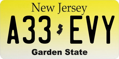 NJ license plate A33EVY