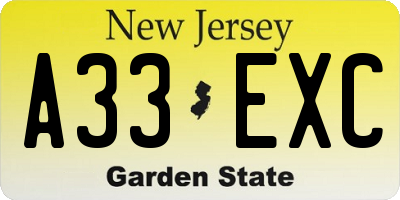 NJ license plate A33EXC