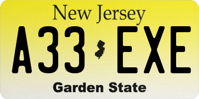NJ license plate A33EXE