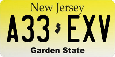 NJ license plate A33EXV