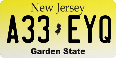 NJ license plate A33EYQ
