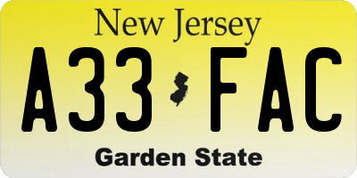NJ license plate A33FAC