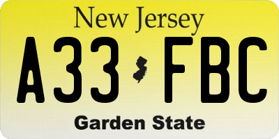 NJ license plate A33FBC