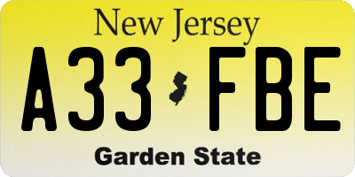 NJ license plate A33FBE