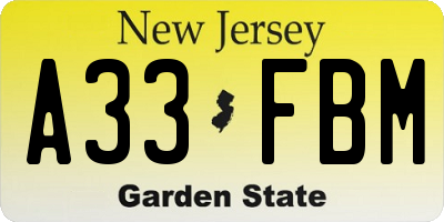 NJ license plate A33FBM