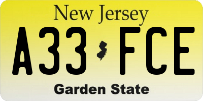 NJ license plate A33FCE