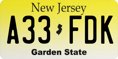 NJ license plate A33FDK