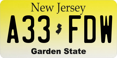NJ license plate A33FDW