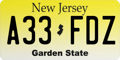 NJ license plate A33FDZ