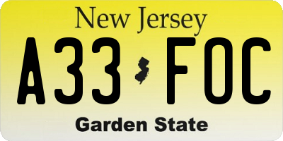 NJ license plate A33FOC
