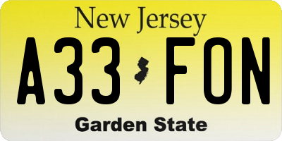 NJ license plate A33FON