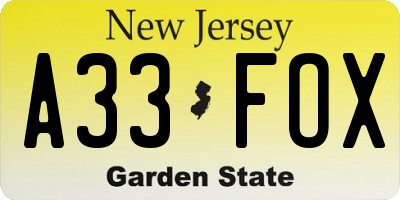 NJ license plate A33FOX
