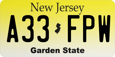 NJ license plate A33FPW