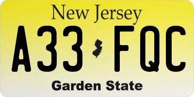 NJ license plate A33FQC