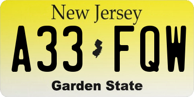 NJ license plate A33FQW