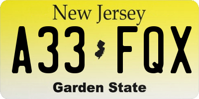 NJ license plate A33FQX