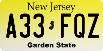 NJ license plate A33FQZ