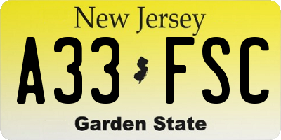 NJ license plate A33FSC