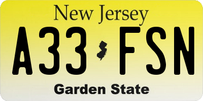 NJ license plate A33FSN