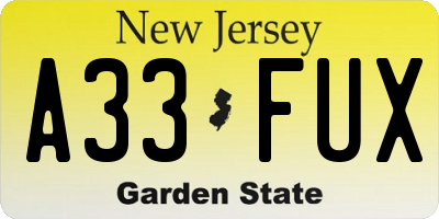 NJ license plate A33FUX
