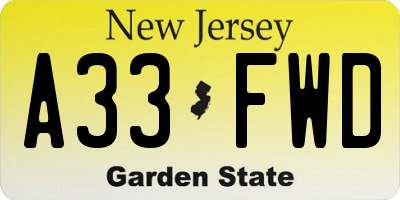 NJ license plate A33FWD