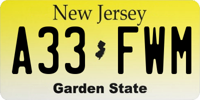 NJ license plate A33FWM