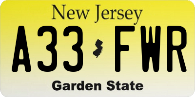 NJ license plate A33FWR