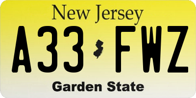 NJ license plate A33FWZ