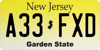 NJ license plate A33FXD