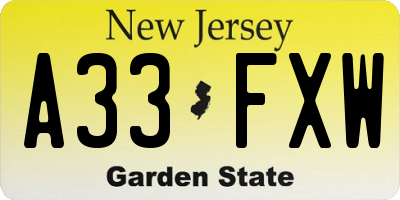 NJ license plate A33FXW