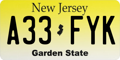 NJ license plate A33FYK