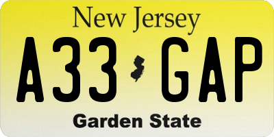NJ license plate A33GAP
