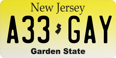 NJ license plate A33GAY