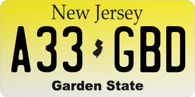 NJ license plate A33GBD